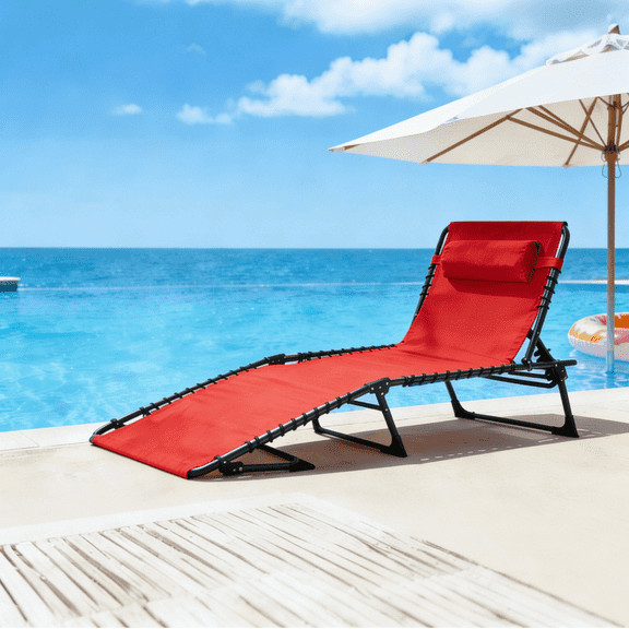 Folding Camping Cot, Outdoor Reclining Lounge Chair with Pillow, for Patio Lawn, Supports 250LBs, Red