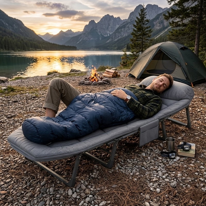 Folding Camping Cot with Mattress, Heavy Duty Patio Sleeping Bed Camping Bed, Adjustable Recliner Lounger Chair for Indoor, Outdoor & Patio Use
