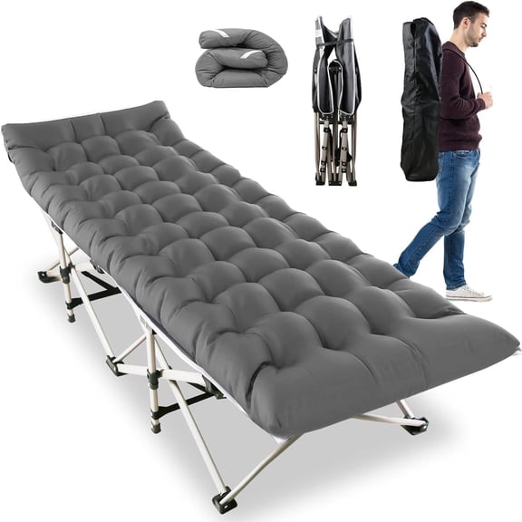 Folding Camping Cots for Adults, Portable Outdoor Camping Bed with Mattress, Heavy Duty Guest Bed Sleeping Cot Folding Bed for Camping Traveling Office Use, 74" X 26", Gray, Supports 330 lbs