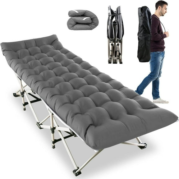 Folding Camping Cots for Adults, Portable Outdoor Camping Bed with Mattress, Heavy Duty Guest Bed Sleeping Cot Folding Bed for Camping Traveling Office Use, 74" X 26", Gray, Supports 330 lbs