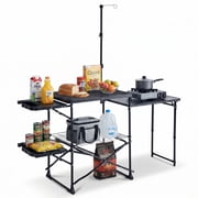 DMH OUTDOORS Folding Camping Kitchen Station with Heat Resistant Tabletop, Steel Mesh and 3 Side Tables, 110 Lb Capacity, Portable Grill Table