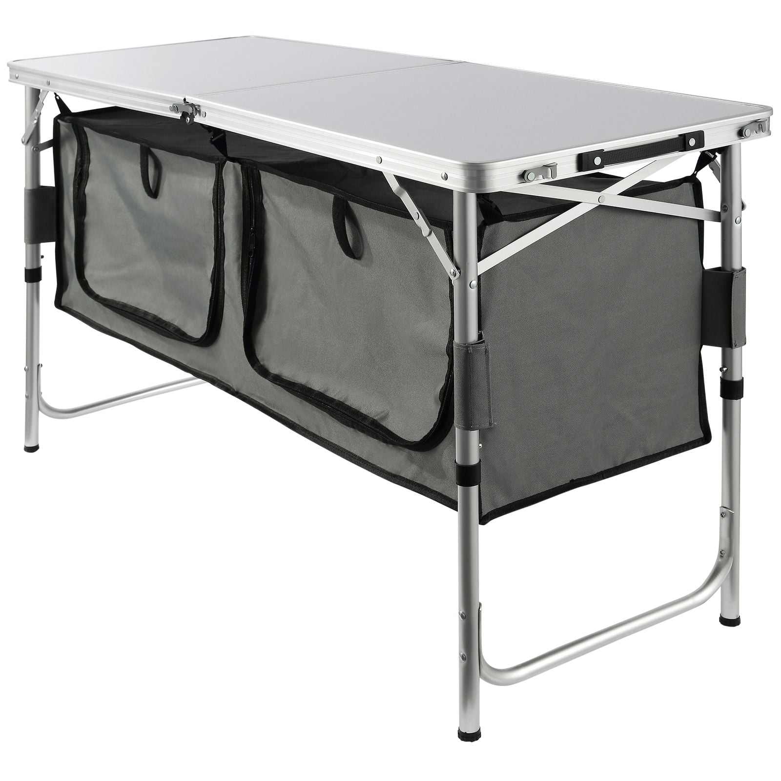 Folding Camping Kitchen Table with Carry Bag, 3 Adjustable Heights Outdoor Cook Station Powder Coated Aluminum Frame MDF Countertop Zipper Storage for Picnic BBQ RV Travel