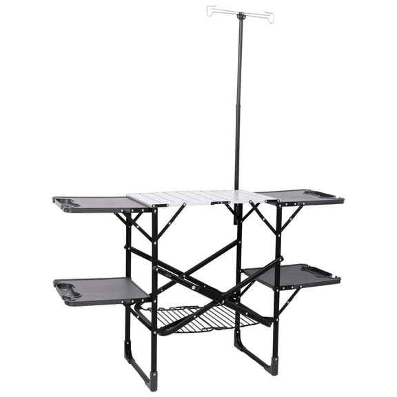 Folding Camping Kitchen Table, Portable Cook Station with Heat-Resistant Aluminum Top, 4 Side Tables & Storage Rack Outdoor Cooking for Camping Picnic Tailgate