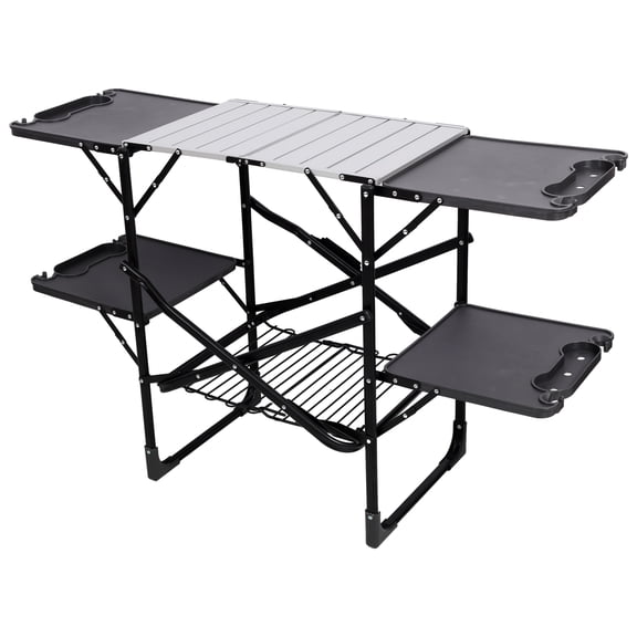 Folding Camping Kitchen Table Portable Outdoor Cooking Station Heat Resistant Aluminum Top 4 Fold-Out Side Tables Storage Rack for Camping Tailgate