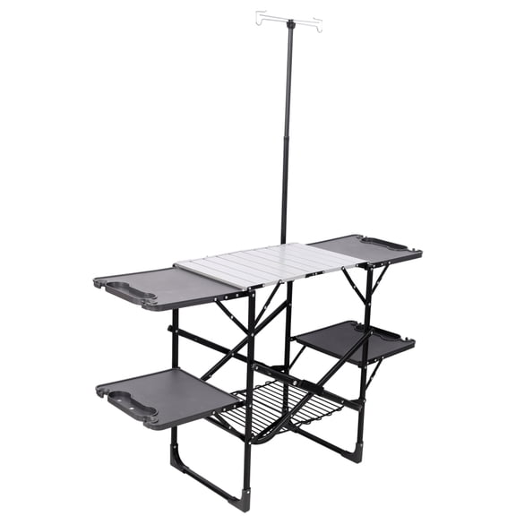 Folding Camping Kitchen Table Portable Outdoor Cooking Station with Heat Resistant Top 4 Side Tables Storage Rack and Lamp Post for Camping Picnic Tailgate
