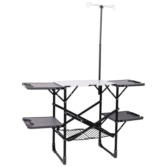 Folding Camping Kitchen Table - Portable Outdoor Cooking Station with Heat Resistant Top, 4 Side Tables, Storage Rack & Lamp Post for Picnics & Camping Trips