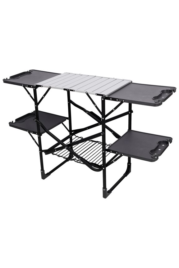 Folding Camping Kitchen Table, Portable Outdoor Cooking Station with Heat Resistant Tabletop, 4 Side Tables & Lower Storage Rack, Black