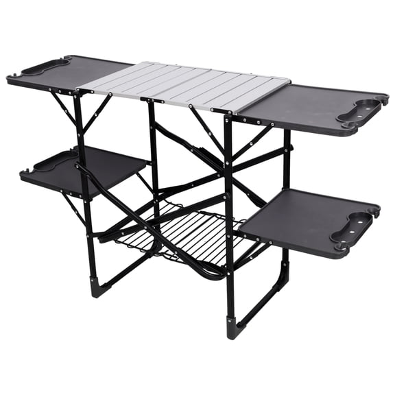 Folding Camping Kitchen Table - Portable Outdoor Cooking Station with Heat Resistant Top, 4 Side Tables, Storage Rack for Picnics & Camping Trips