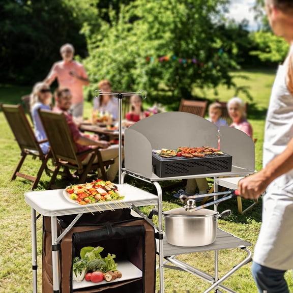 Folding Camping Kitchen Table with Windscreen, Portable Outdoor Cooking Station with Storage Cabinet & Side Tables Heavy Duty Camp Cook Station for Camping & BBQ (White)