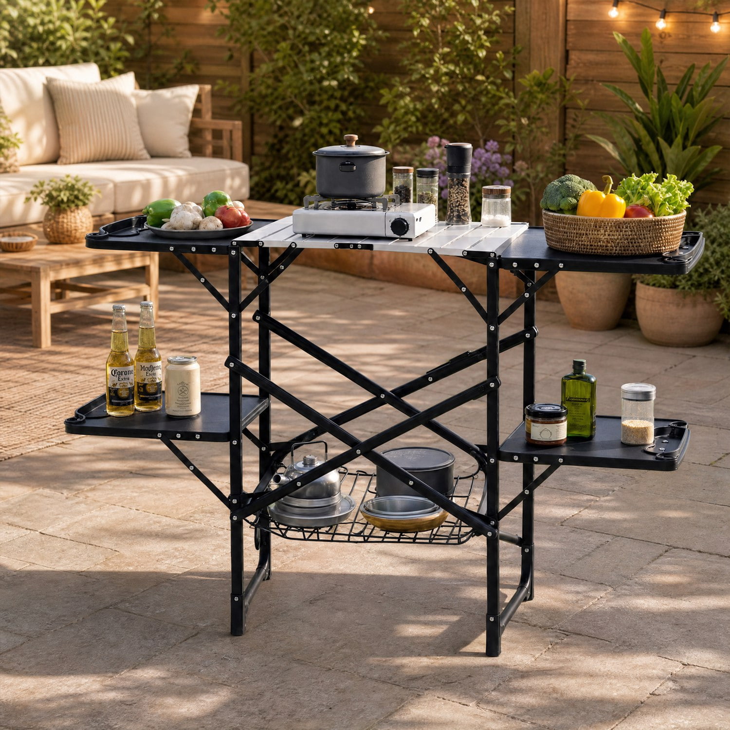 Folding Camping Kitchen Table with 4 Side Tables and Storage Rack