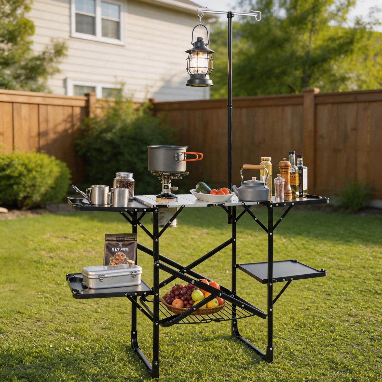 Folding Camping Kitchen Table with Lantern and 4 Side Tables