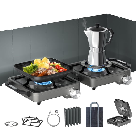 Folding Camping Propane Stove Gray With Windshield And Carrying Bag