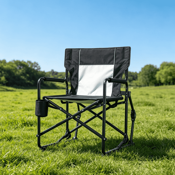 Folding Camping Rocking Chair, Heavy Duty Outdoor Rocker with Hard Armrest and Breathable Mesh Back, Smooth Motion Lawn Chair with Cup Holder for Patio, Campfire and Tailgating, Black