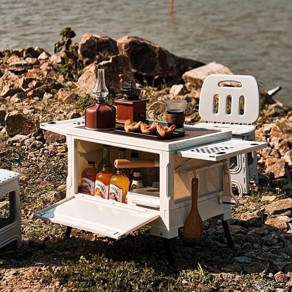 Folding Camping Storage Box with Wooden Table Board, Multi-functional Collapsible Camp Kitchen Box, 56L Storage Bin for Trunk Organizer for Outdoor Picnic, Car RV Storage and Organization