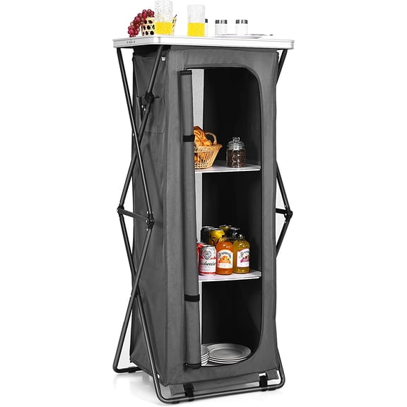 Folding Camping Storage Cabinet, Pop Up Outdoor Camping Kitchen Station with Large 3-Tier Storage Organizer, Carry Bag, Easy Set Up Portable Compact Camping Table for BBQ Picnic Backyard (55'')
