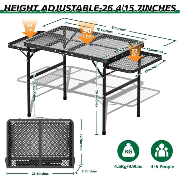 Folding Camping Table with 2 Extra Desktop, Height Adjustable Portable Grill Table, Metal Outdoor Grill Table for Outside, Camping Cooking Tables for Picnic, BBQ