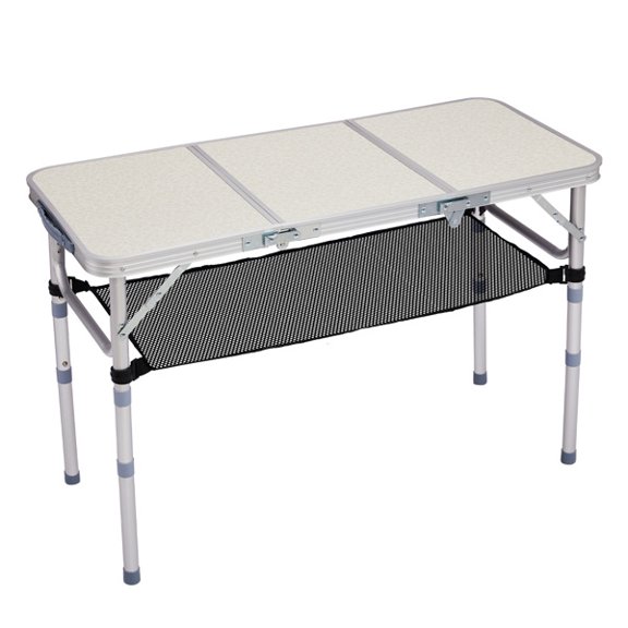 Folding Camping Table, 3 Adjustable Heights, Aluminum Tabletop, Mesh Shelf, 110lb Capacity for Camping/Picnics/Beach/Patio
