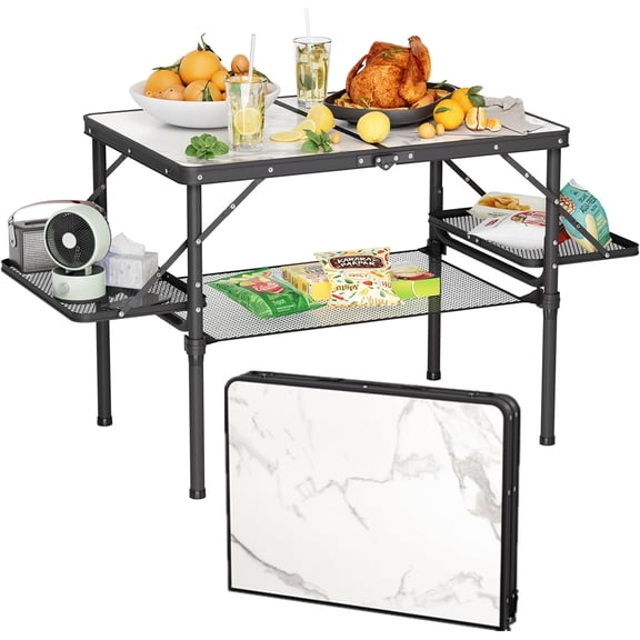 Folding Camping Table 3ft, Folding Picnic Table, Large Camp Table Portable with Extra Side Racks & Storage Net, Outdoor Patio Table, RV/Car Camping Essentials, Aluminum Light & Solid