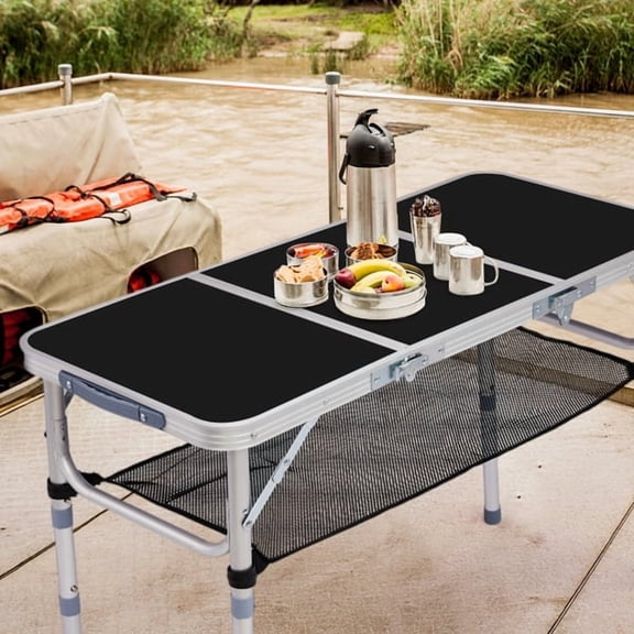 Folding Camping Table, 3ft Portable Pinic Table with 3 Adjustable Height, Small Aluminum Foldable Lightweight Patio Side Table with Carry Handle for Outdoor Indoor Hiking Camp BBQ Beach