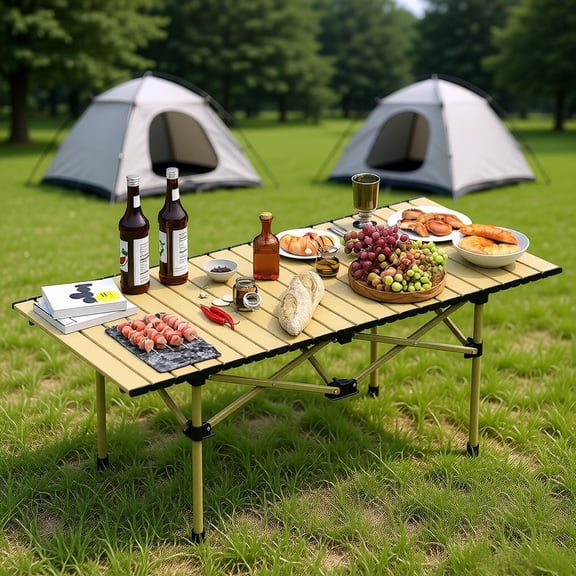 Folding Camping Table for 4-6 People Portable Carbon Steel Roll Up Design 66lbs Capacity Heat Resistant Easy Clean Carry Bag Included for Outdoor Picnic Barbecue Beach Patio Tailgating RV Beige