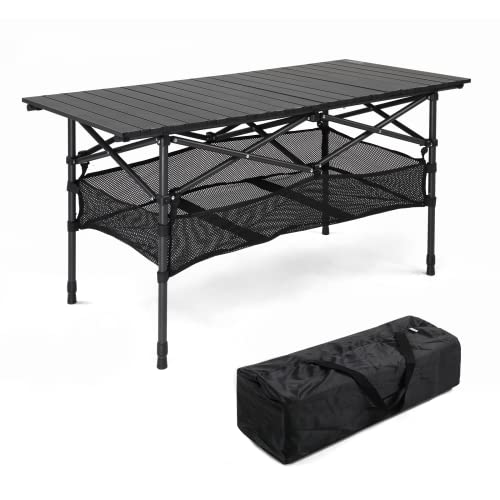 Folding Camping Table, 4 ft Aluminum Portable Rolling Table with Storage & Carrying Bag, Height