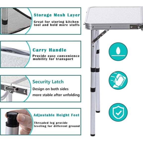 Folding Camping Table with Adjustable Height, 23.6" x 15.8" Portable Lightweight Tables with Aluminum Legs for Outdoor Camp, Picnic, Beach, Backyard, Tailgate Cooking, 3 Heights
