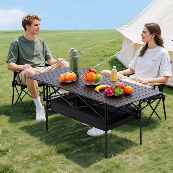 Folding Camping Table - Aluminum Frame, Mesh Storage & Carrying Bag, Weather-Resistant - Portable Rolling Design for Camping/Beach/Backyard/BBQ/Picnic, Lightweight Space-Saving Camping Gear