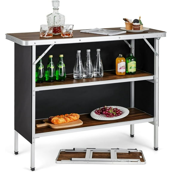 Folding Camping Table, Aluminum Portable Pop-Up Bar Table with 2-Tier Storage Shelves, Removable Cloth Cover, Foldable Camp Table for Picnic, Tailgate, Party, Travel, Outdoor