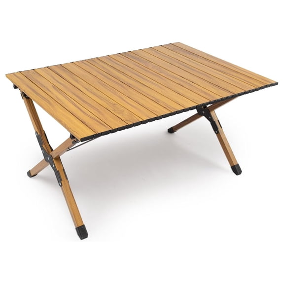 Folding Camping Table Aluminum Portable Roll-Up Picnic Table 4-6 Person for BBQ Backyard Patio Party Wood Grain 34.6 * 23.6 * 17.3