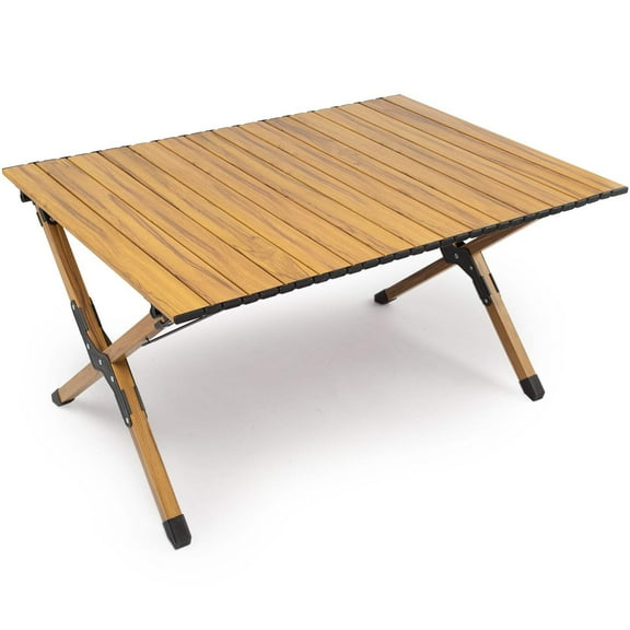 Folding Camping Table Aluminum Portable Roll-Up Picnic Table 4-6 Person for BBQ Backyard Patio Party Wood Grain
