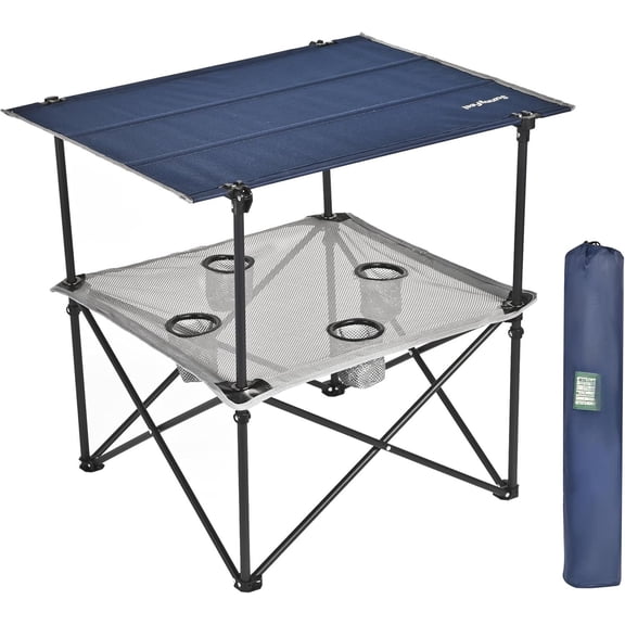 Folding Camping Table- Collapsible Portable Beach Table with 4 Cup Holders & Carry Bags, Tailgate Table for Outdoor Excursion Picnic Hiking Fishing Travel Parties, Blue