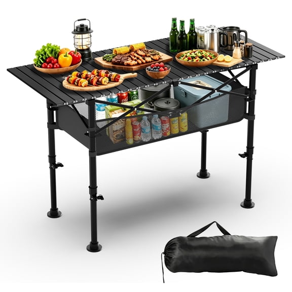 Yacona Folding Camping Table, Portable Foldable Table with Mesh Layer, for Picnic, Beach, Camp, Backyard, Black