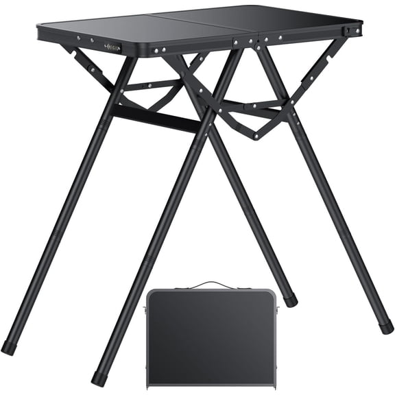 Folding Camping Table Height Adjustable Aluminum Alloy Foldable Pinic Table 180lbs Capacity with Handle Stable Triangle Feet for Outdoor Indoor Hiking Camp BBQ Beach (Black, MDF Tabletop)