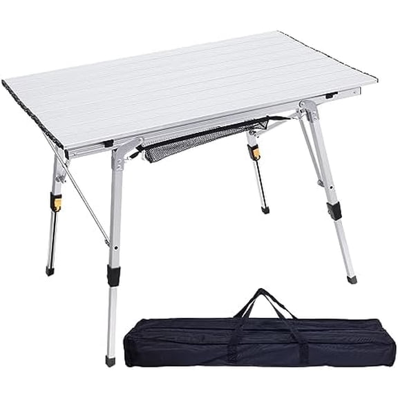 Folding Camping Table, Outdoor Portable Picnic Table with Adjustable Legs, Lightweight Aluminum Beach Table with Roll Up Table Top and Mesh Layer, for Backyards, BBQ and Party