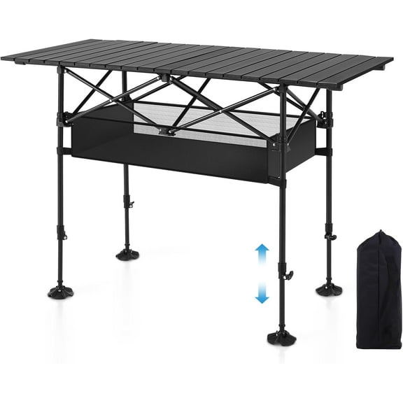 Folding Camping Table, Portable Aluminum Roll-up Picnic Backpacking Table with Adjustable Height, Large Storage and Carrying Bag for Picnic, Camping, BBQ, Party, Backyard, Beach