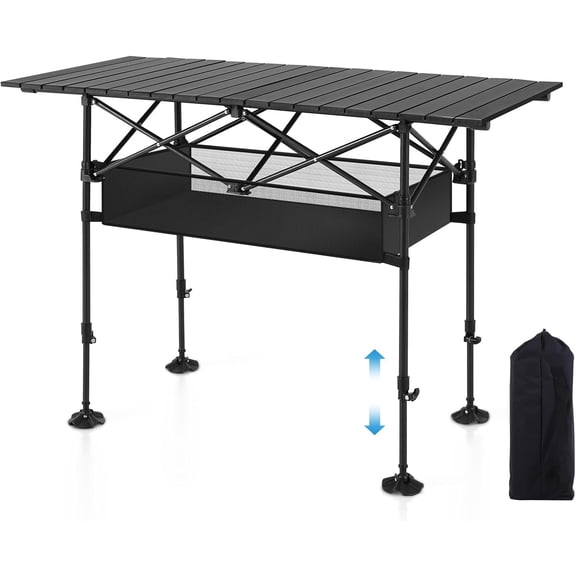 Folding Camping Table, Portable Aluminum Roll-up Picnic Backpacking Table with Adjustable Height, Large Storage and Carrying Bag for Picnic, Camping, BBQ, Party, Backyard, Beach