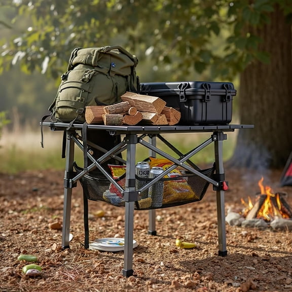 Folding Camping Table, Portable Lightweight Beach Tables for Sand Foldable, Aluminum Roll-up Folding Square Table for Outdoor Camping, Picnic, Card, Travel (Black with Storage Basket)