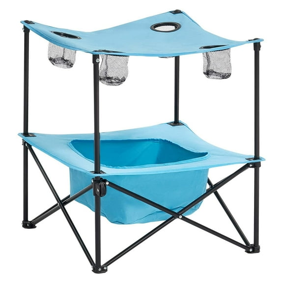 Folding Camping Table Portable Outdoor Picnic Table 600D Oxford Fabric Waterproof Canvas Travel Beach Table with 4 Cup Holders Carry Bag for Tailgating Camping Picnic Blue