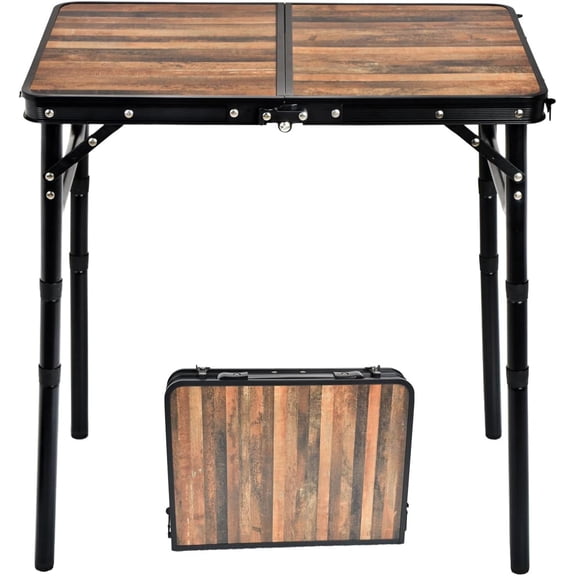 Folding Camping Table, Portable Picnic Table Aluminum Folding Table, Adjustable Heights Portable Lightweight Table for RV, Picnic, Beach (Wood Grain)