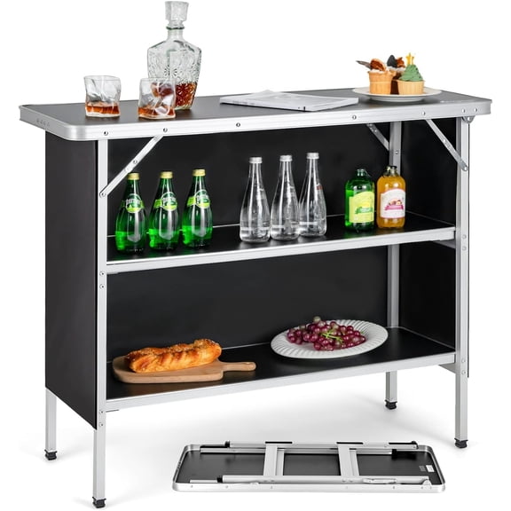 Folding Camping Table, Portable Pop-Up Bar Table with 2-Tier Storage Shelves, Removable Cloth Cover, Aluminum Foldable Camp Table for Picnic, Tailgate, Party, Travel, Outdoor