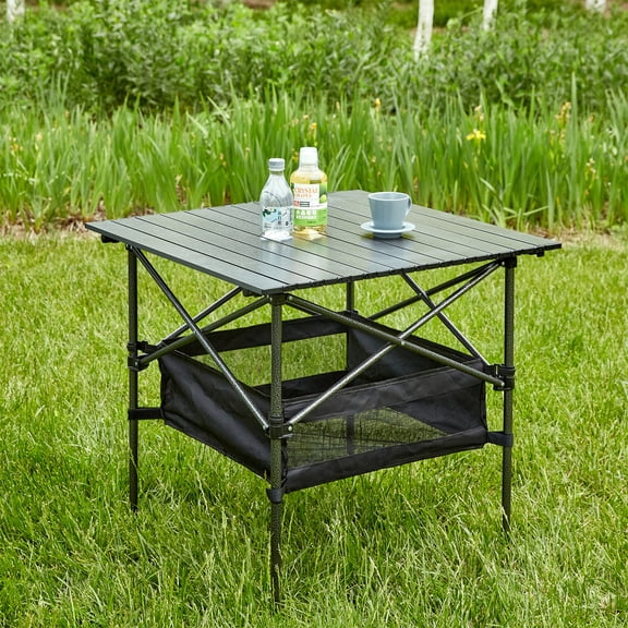 Folding Camping Table Portable, Ultralight Aluminum Roll-up Square Beach Table with Carry Bag, Black