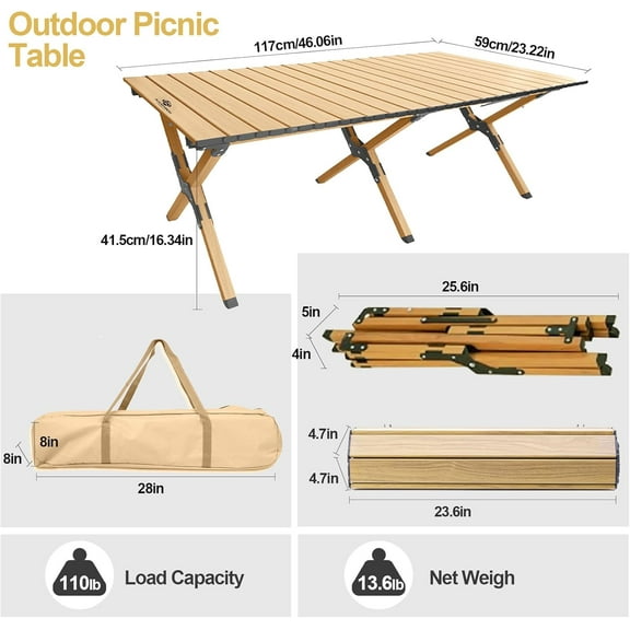 Folding Camping Table, Roll-Up Folding Table with Carry Bag, Portable Aluminum Picnic Table, Low Height Beach Table for Outdoor Use, Travel, BBQ & Hiking, Easy Assembly (Natural)