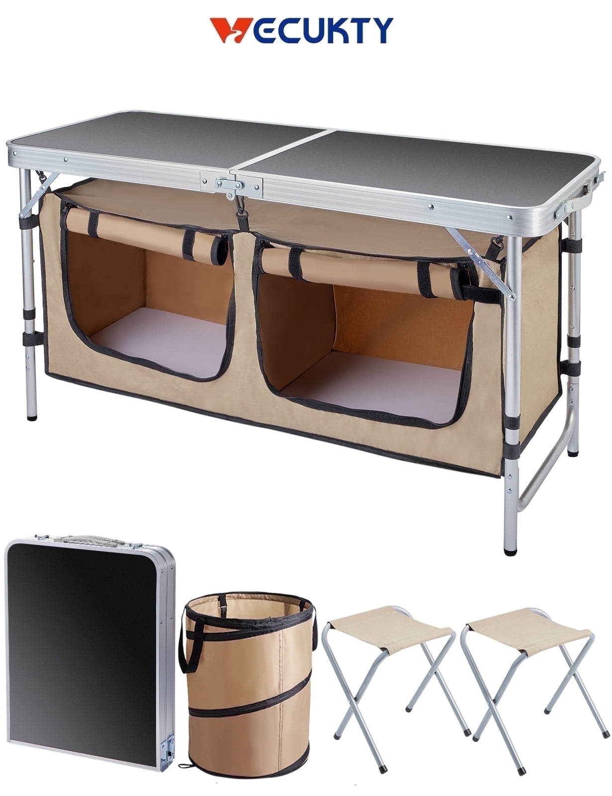 VECUKTY Folding Camping Kitchen Table, Aluminum Station, Storage