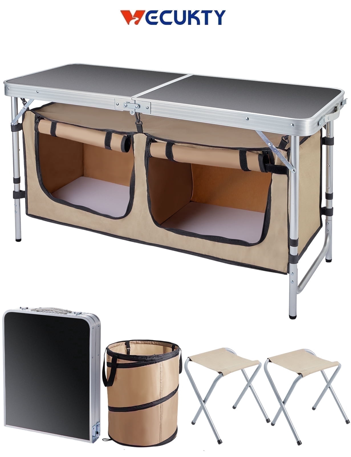 VECUKTY Folding Camping Kitchen Table, Aluminum Station, Storage