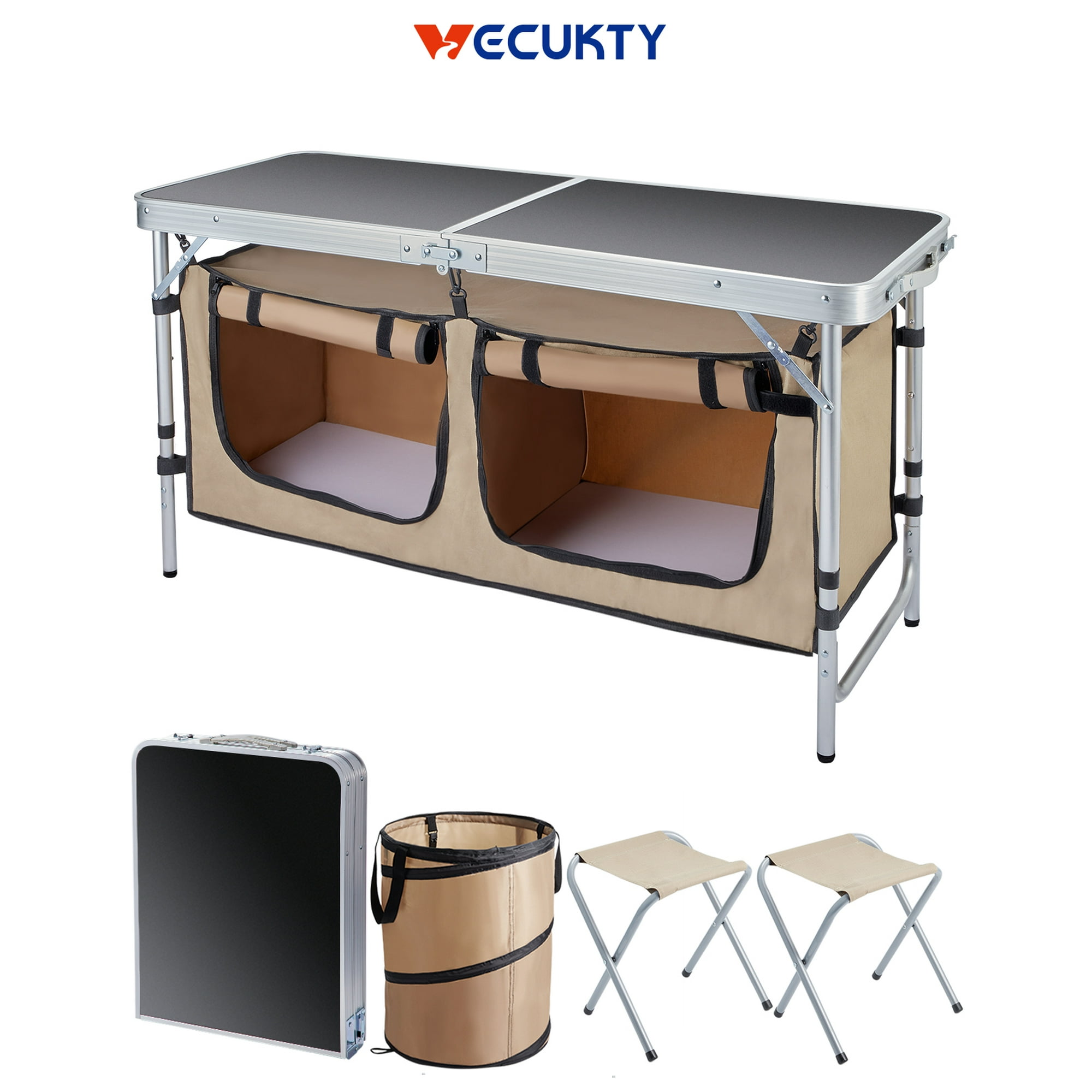 A tan and silver camping table shown folded and unfolded, with a camping trash can and two stools