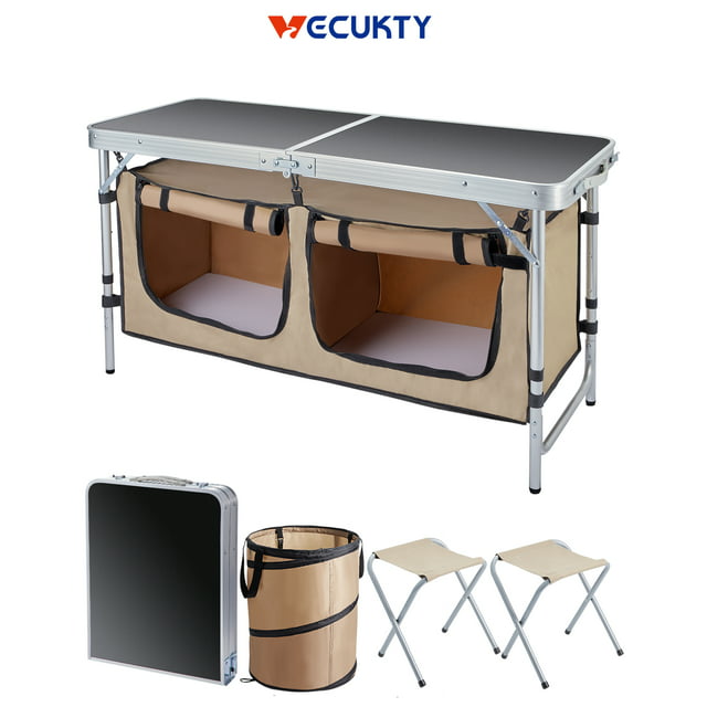 Folding Camping Table Set, VECUKTY Camping Kitchen Station, Aluminum Portable Folding Camp Cook Table with Storage Organizer and 2 Adjustable Feet,1 Folding Trash Can, Gray
