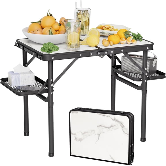 2ft Folding Camping Table - Lightweight Aluminum with 50% Extra Space, Portable for Beach, Picnic& Car Camping-24.4"Lx16.3"Wx20.9"H-White Marble Top &Black Frame