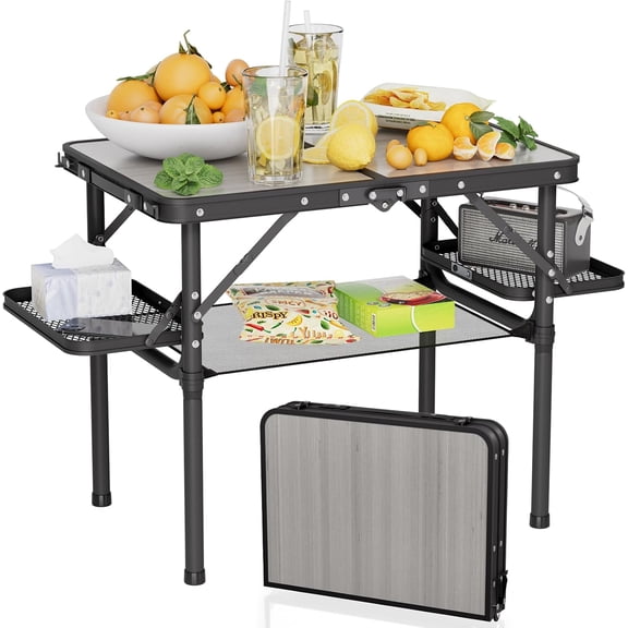 Folding Camping Table Small Light Oak Top with Storage Net