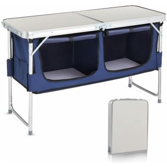 Folding Camping Table with Storage, 3 Height Adjustable, Lightweight, 4 Ft Outdoor Portable Kitchen Aluminum Table for BBQ, Picnic, Hiking, Beach, and Indoor
