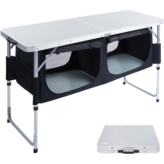 Folding Camping Table with Storage, 4 ft * 2 ft Aluminum Composite Desktop & Adjustable Legs, Outdoor Kitchen Table for Tailgating, Backyard, BBQ and Picnic